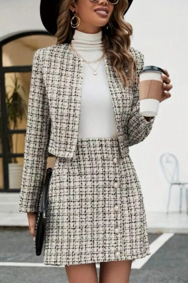 Kadın Uzun Kollu önü Açık Düğme Detaylı Dokuma Ceket Etek Ikili Takım