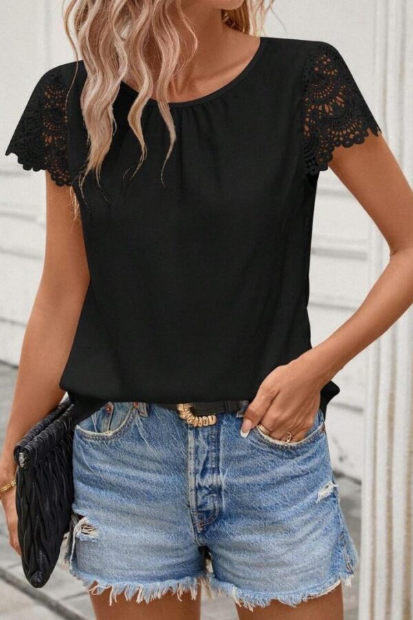 Kadın Kısa Dantel Kollu Bisiklet Yaka Sandy Bluz