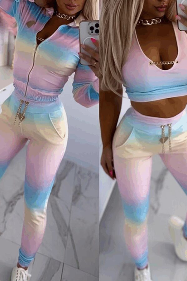 Kadın Uzun Kollu Askılı Yuvarlak Yakalı Krop Bluz, Uzun Kollu önden Fermuarlı Ceket Ve Pantolon Dalgıç üçlü Takım