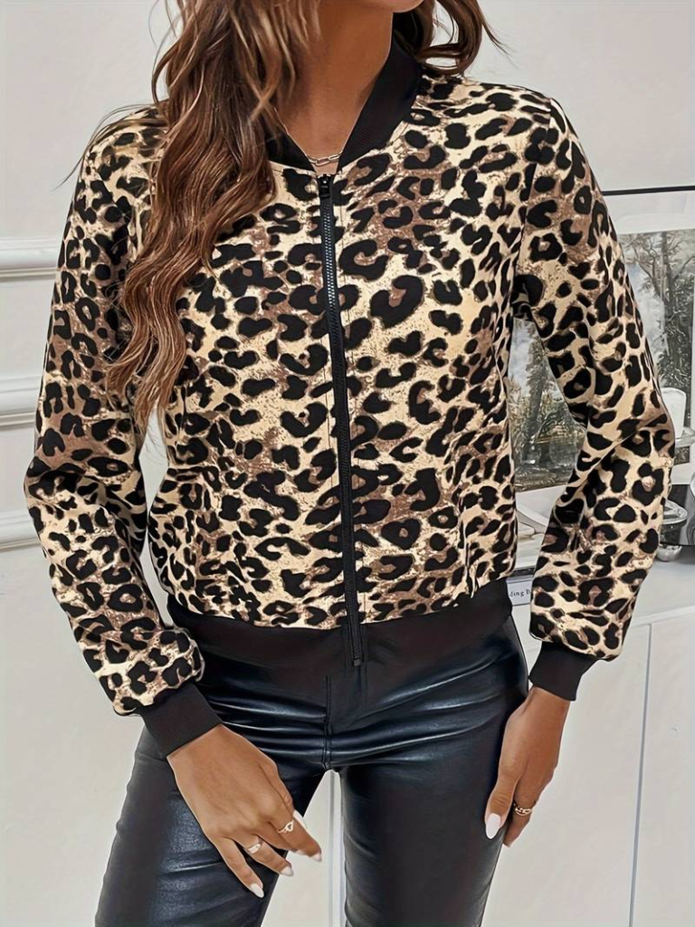 Kadın Uzun Kollu önden Fermuarlı Leopar Baskılı şardonlu Dalgıç Ceket - Görsel 3