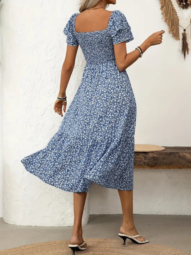 Kadın Kısa Kollu Gipe Detaylı Desenli Midi Süprem Elbise - Görsel 3