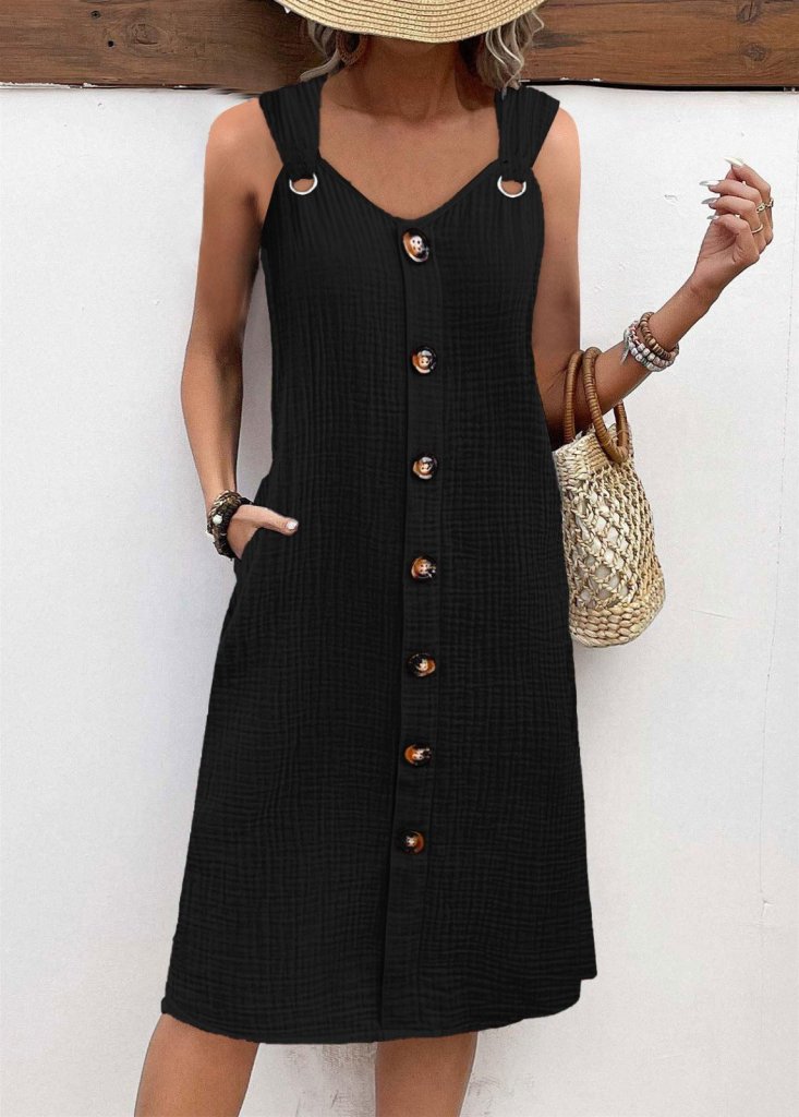 Kadın Askılı V Yakalı önden Düğmeli Narin Elbise - Görsel 6