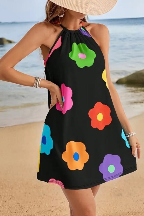 Kadın Boyundan Askılı Kolsuz çiçek Desenli Süprem Elbise