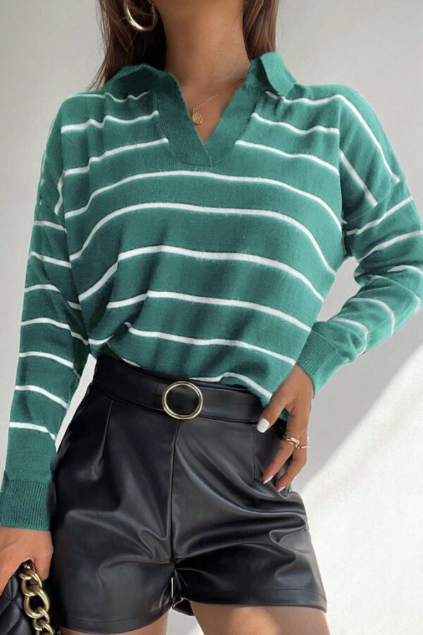 Kadın Uzun Kollu V Yaka çizgili Triko Bluz