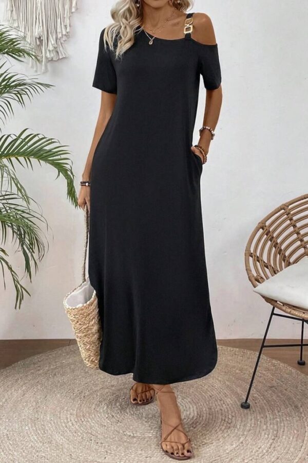 Kadın Tek Omuzdan Açık Toka Detaylı Yandan Yırtmaçlı Maksi Boy Viskon Elbise