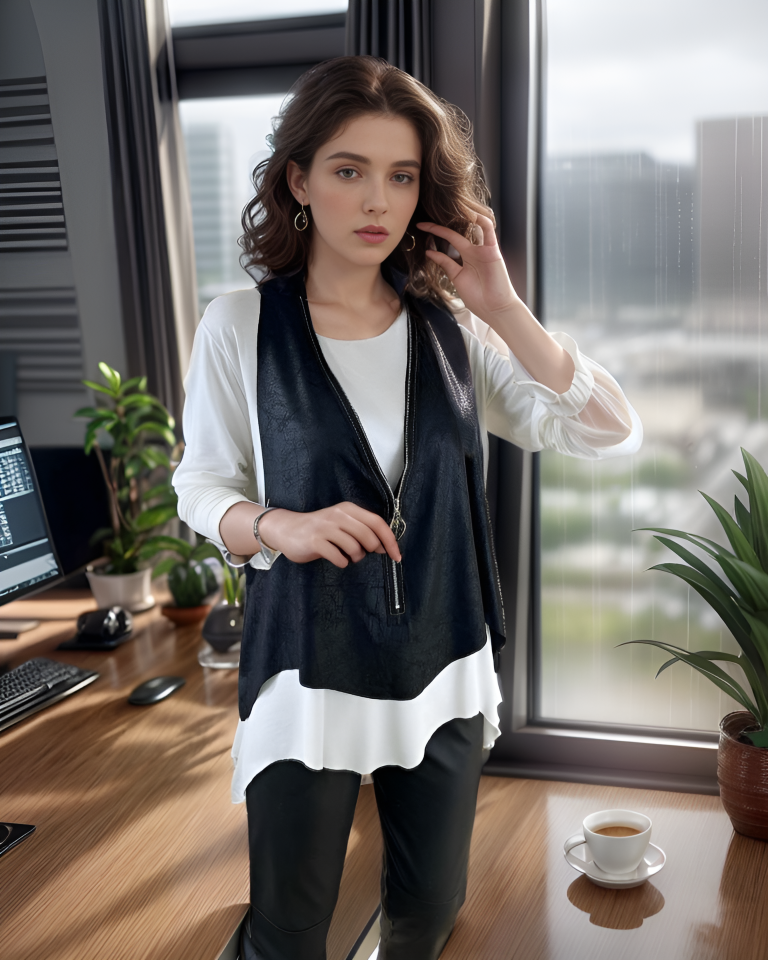 Kadın Uzun Kol Asimetrik Kesim Viskon Bluz Ve çatlak Deri Görünümlü Fermuar Detaylı Yelek Ikili Takım - Görsel 4