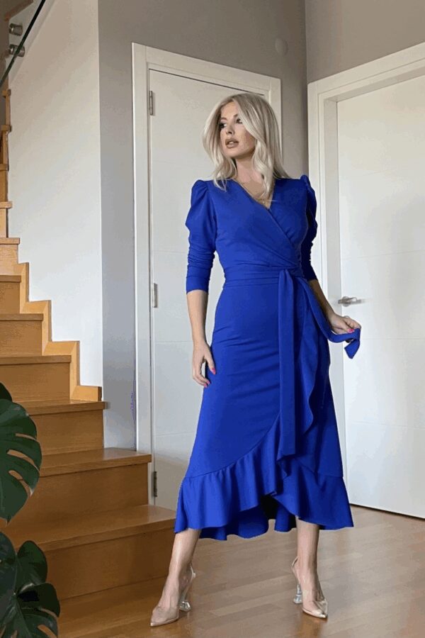 Krep Kumaş Midi Boy Kuşaklı Uzunkol Elbise