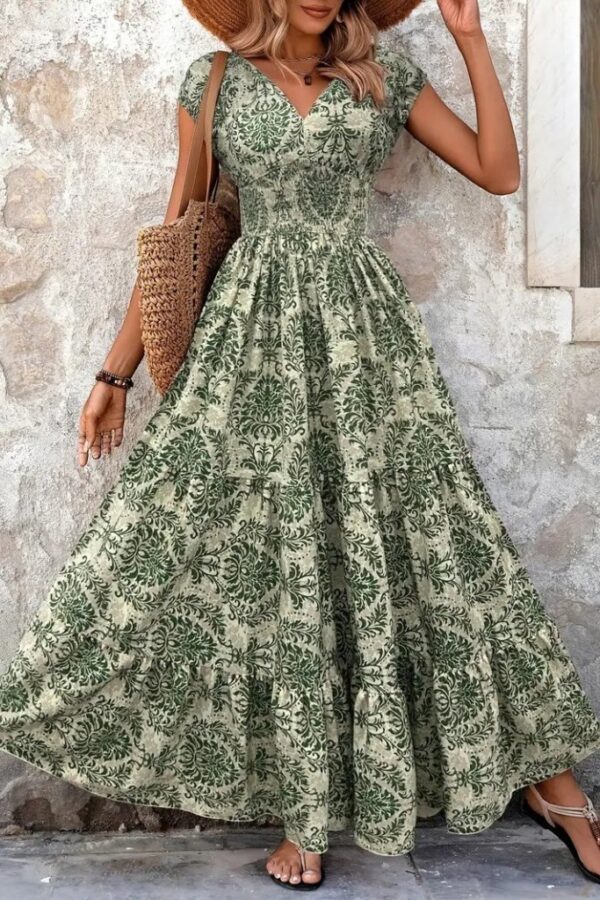 Kadın Kısa Kollu Kruvaze Yaka Beli Lastikli Süprem Maksi Boy Elbise