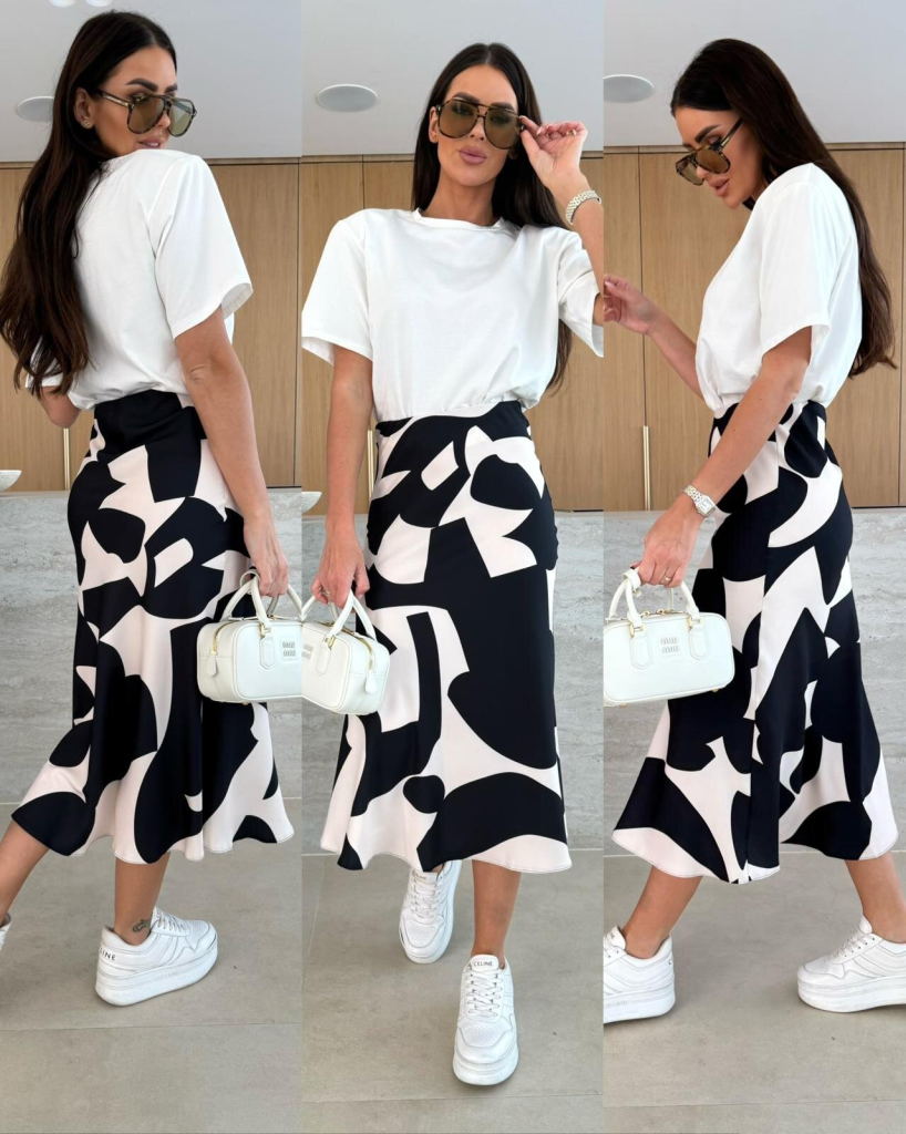 Kadın Kısa Kollu Bisiklet Yaka Viskon Bluz Ve Desenli Süprem Etek Ikili Takım - Görsel 6