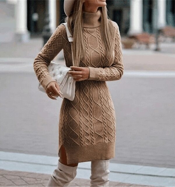 Kadın Uzun Kollu Loren Yünlü Motifli Midi Boy Triko Elbise