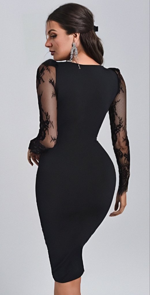 Kadın Uzun Kollu Kruvaze Yaka Kollar Tül Detay Krep Mini Boy Elbise - Görsel 5