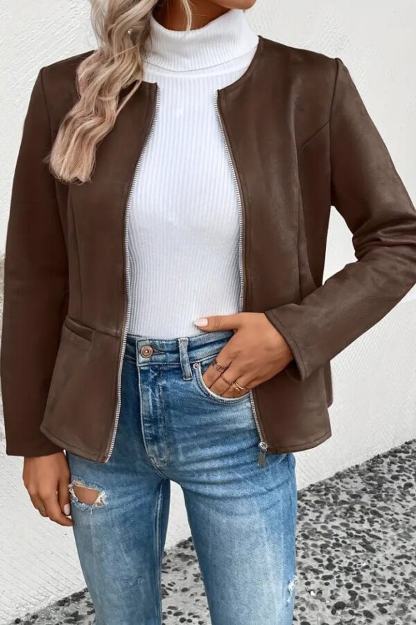 Kadın Uzun Kollu Yuvarlak Yaka önden Fermuarlı Süet Ceket