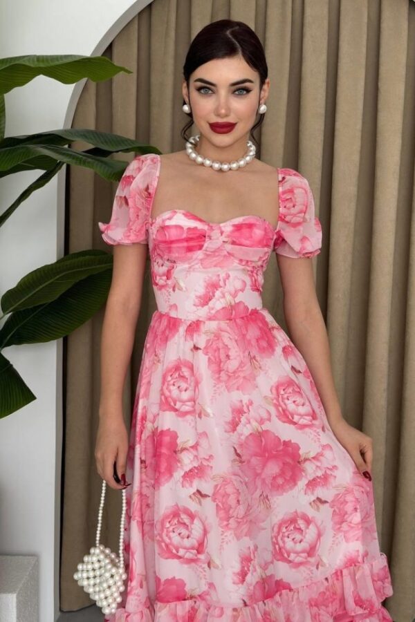 ŞİFON KUMAŞ DİJİTAL DESEN BASKILI ELBİSE