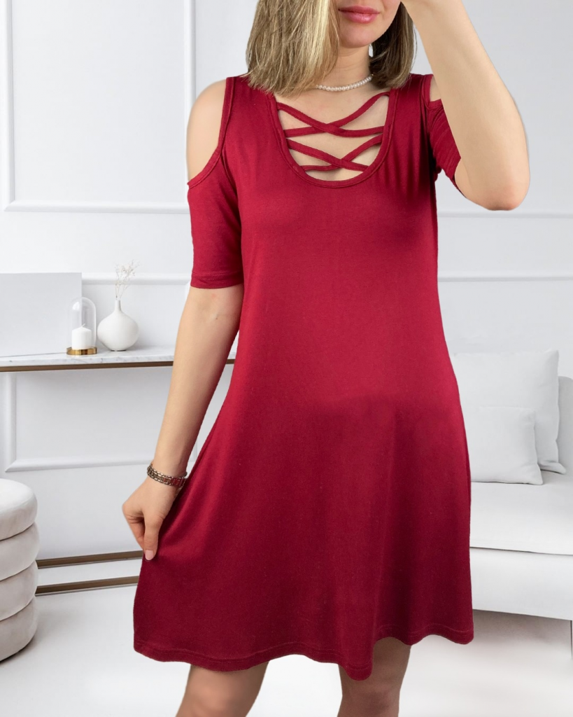 Dekolteli Bağcık Detay Viskon Kumaş Elbise - Görsel 4