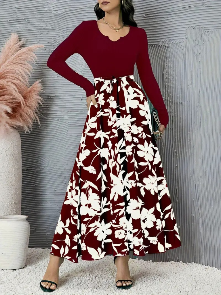 Kadın Uzun Kollu Yaka Açık üst Kaşkorse Beli Kuşaklı Alt çiçek Baskılı Dalgıç Elbise - Görsel 2