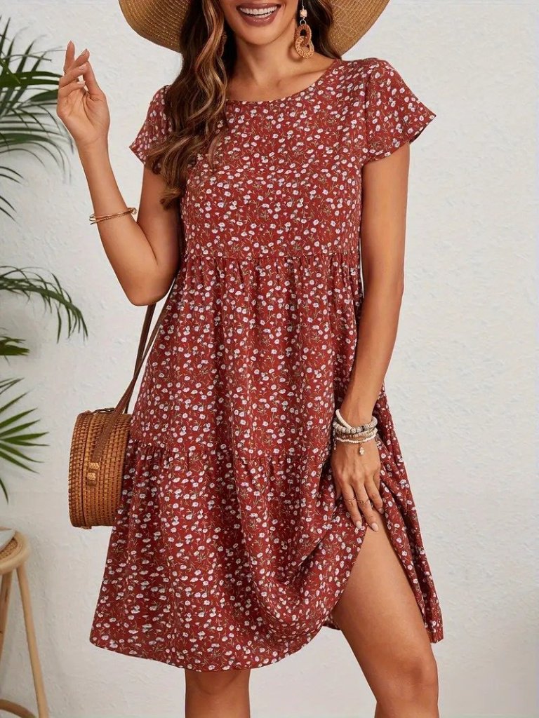 Kadın Kısa Kollu Bisiklet Yaka çiçek Desenli Süprem Elbise - Görsel 12