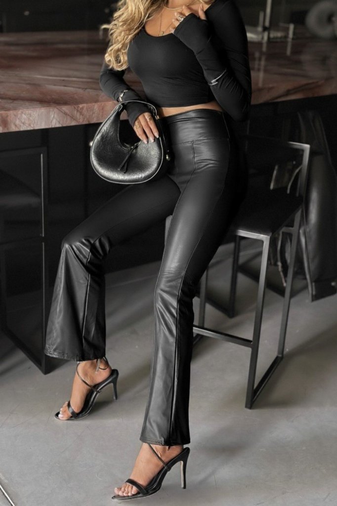 Kadın Yüksek Bel Paçaya Doğru Geniş Deri Pantolon - Görsel 7