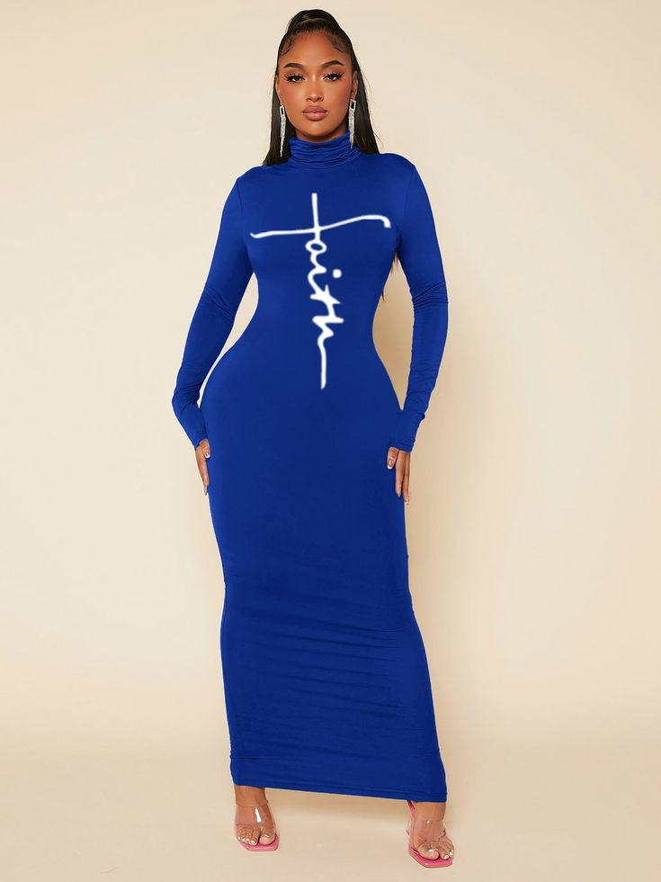 Kadın Uzun Kollu Boğazlı Baskı Detaylı Viskon Tam Boy Elbise - Görsel 7