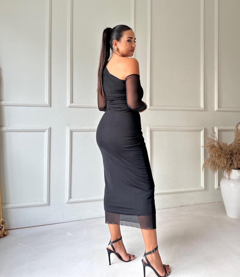 Kadın Uzun Kollu Omuz Dekolteli Içi Astarli Midi Boy Tül Elbise - Görsel 7