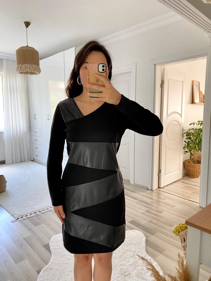 Kadın Uzun Kollu Asimetrik Yaka Süet Ve Deri Mini Boy Elbise - Görsel 7