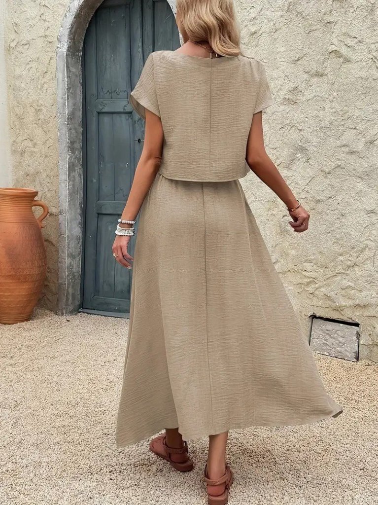 Kadın Kısa Kollu Bisiklet Yaka Bluz Etekli Ithal Keten Ikili Takım - Görsel 12