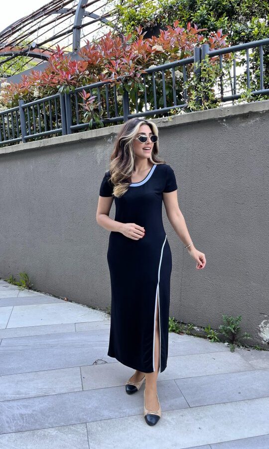 Kadın Yuvarlak Ribana Yaka Beyaz Yırtmaç Detaylı Viskon Tam Boy Elbise