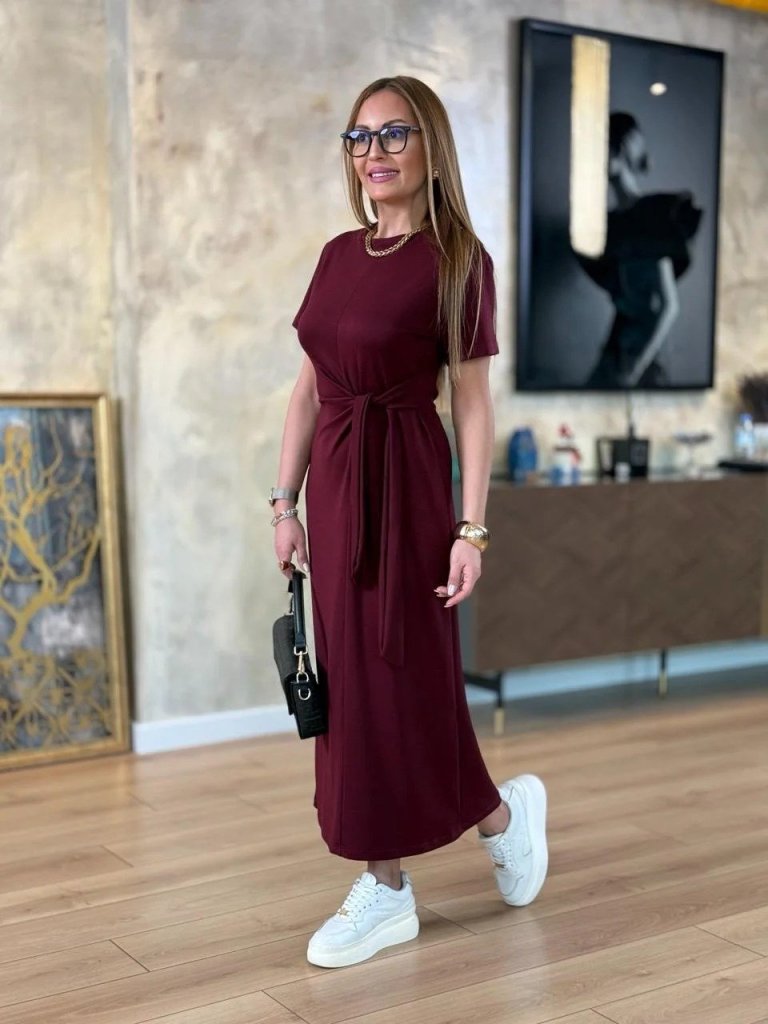 Kadın Kısa Kollu Bisiklet Yaka Yandan Bağlamalı Viskon Iki Iplik Elbise - Görsel 6