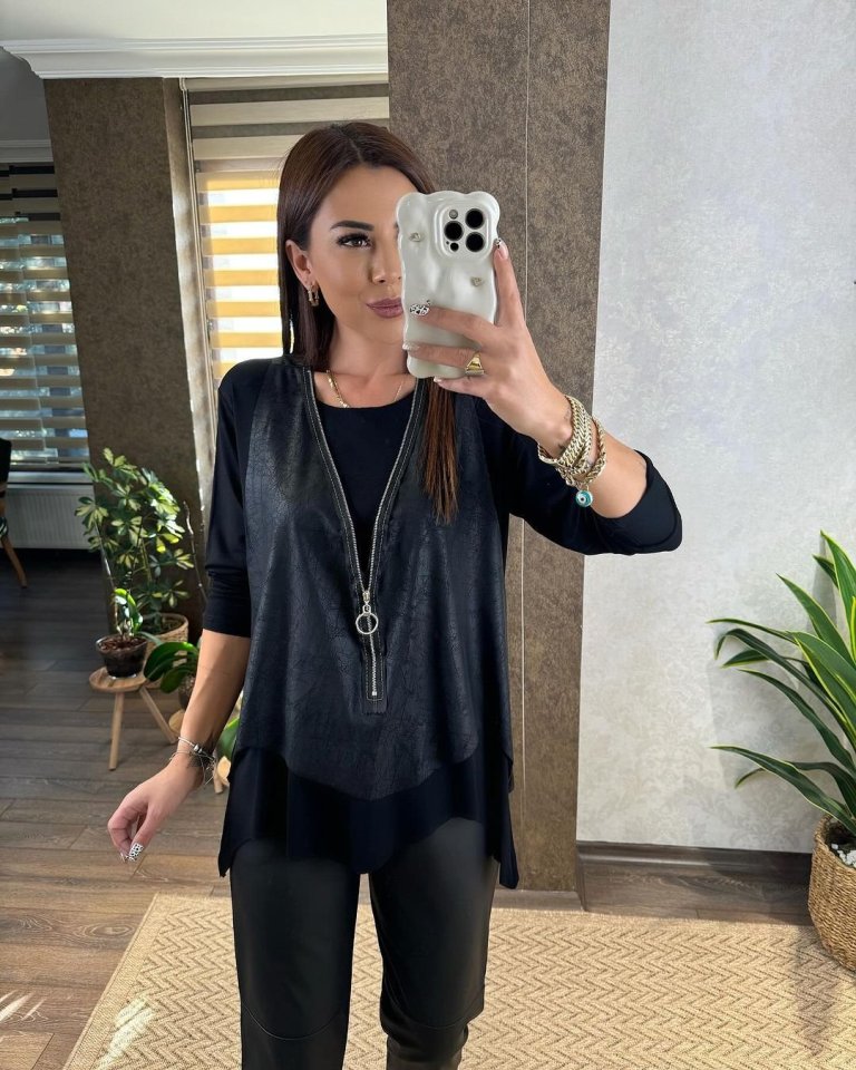 Kadın Uzun Kol Asimetrik Kesim Viskon Bluz Ve çatlak Deri Görünümlü Fermuar Detaylı Yelek Ikili Takım - Görsel 6