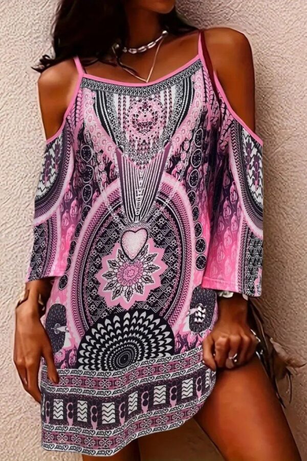 Kadın Askılı Omuzlardan Açık Truvakar Kol Desenli Kısa Süprem Elbise