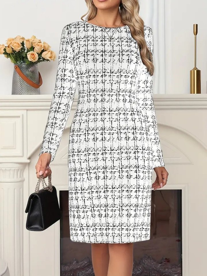 Kadın Uzun Kollu Bisiklet Yaka Desenli Dalgıç Kısa Elbise - Görsel 8