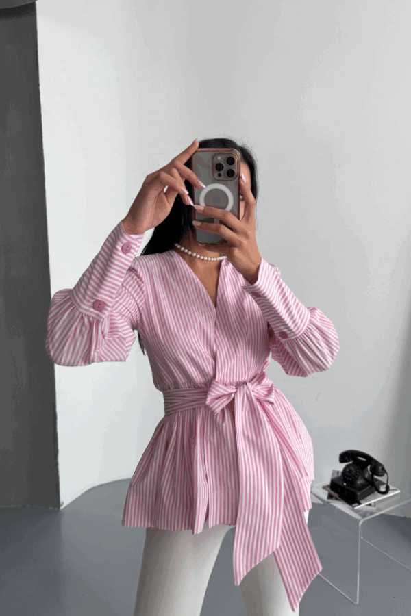 ÇİZGİLİ BAĞLAMA DETAYLI KRUVAZE POPLİN GÖMLEK - Pembe