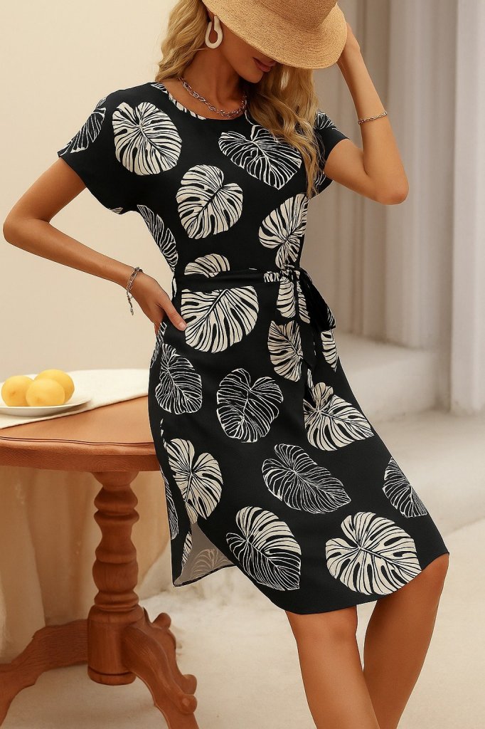 Kadın Kısa Kollu Bisiklet Yaka Desenli Kuşaklı örme Krep Midi Elbise - Görsel 9