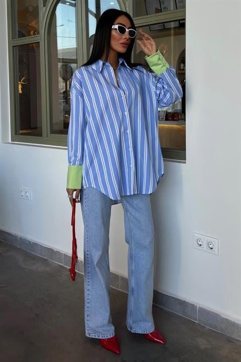 Kolu Manşet Detay Çizgili Oversize Gömlek 3405