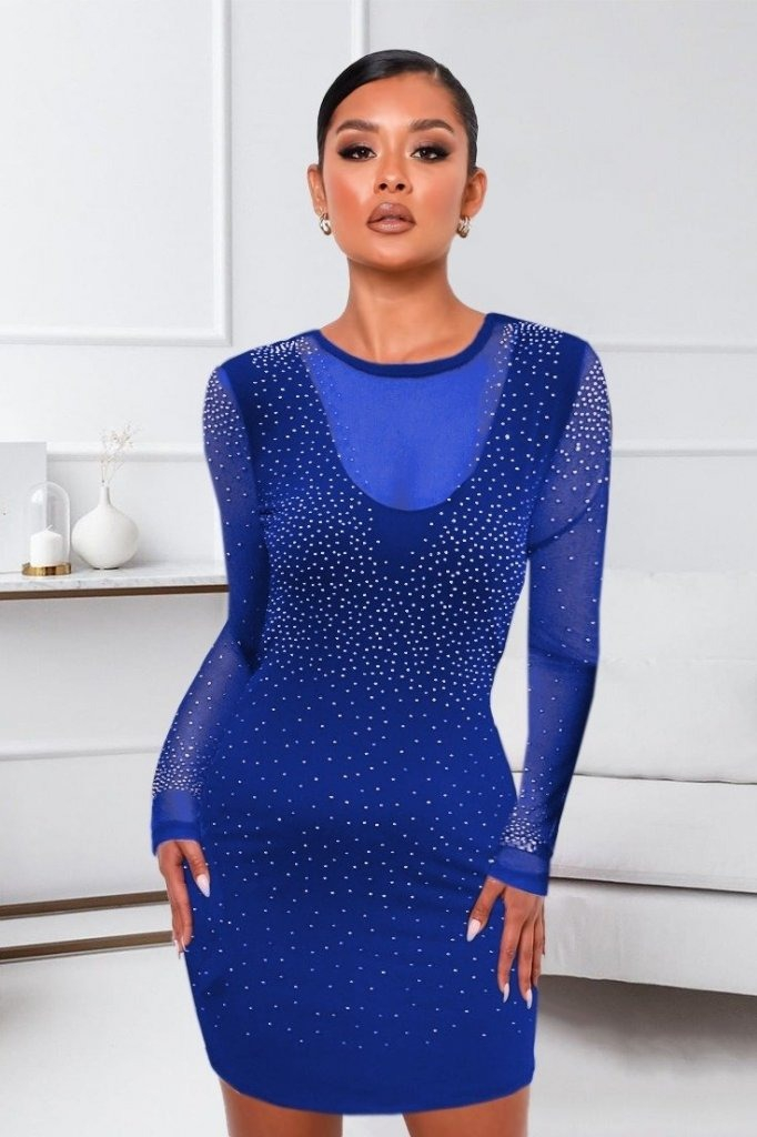 Kadın Uzun Kollu Yuvarlak Yaka Dekolteli Taşlı Dalgıç Elbise - Görsel 13