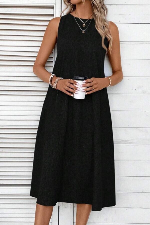 Kadın Kolsuz Bisiklet Yaka Cepli Midi Keten Elbise