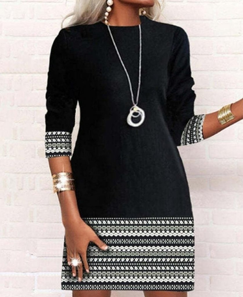 Kadın Uzun Kollu Bisiklet Yaka Kol Ağzı Ve Etek Ucu Baskılı Iki Iplik Elbise - Görsel 12