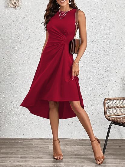 Kadın Sıfır Kollu Bisiklet Yaka Büzgülü Asimetrik Kesim Detaylı Janjan Krep Elbise - Görsel 8