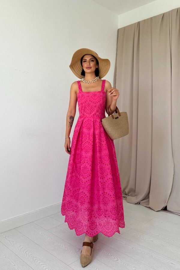 Fuşya Askılı Aparatlı Brode Elbise