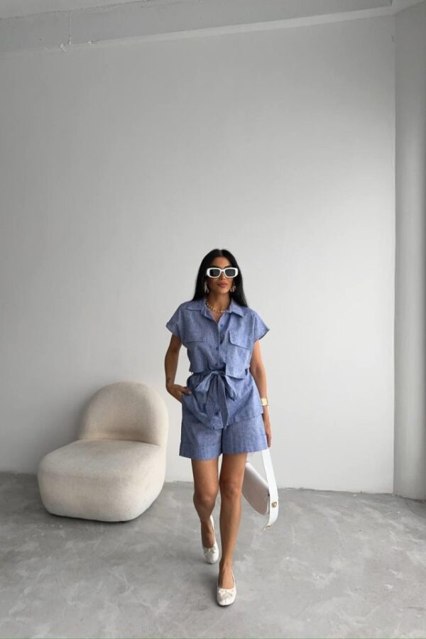 KETEN BAĞLAMALI KOLSUZ GÖMLEK - DUBLE PAÇA ŞORT TAKIM - Lacivert