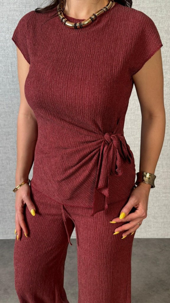 Kadın Kısa Kollu Bisiklet Yaka Yandan Bağlamalı Bürümcük Bluz Ve Pantolon Ikili Takım - Görsel 10