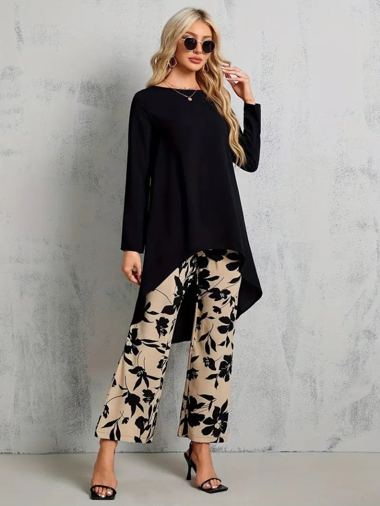 Kadın Uzun Kollu Bisiklet Yaka Asimetrik Kesim Detaylı Viskon Bluz Ve çiçek Desenli Iki Iplik Pantolon - Görsel 4