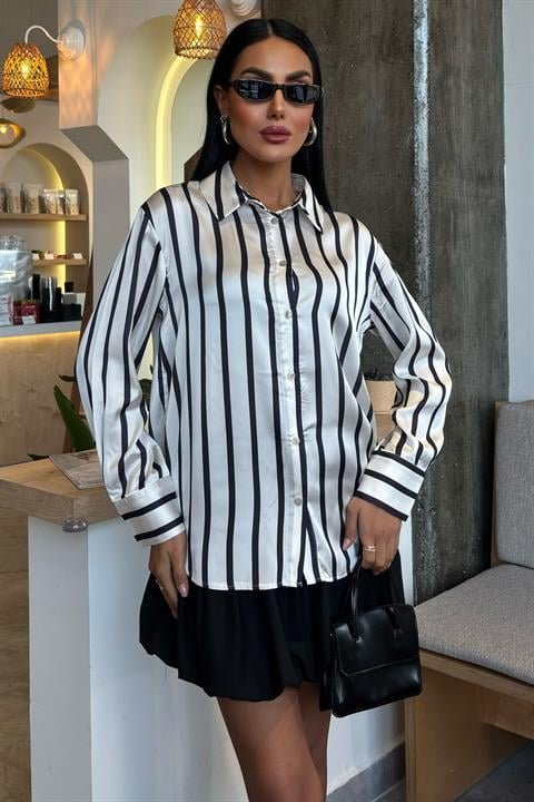 İnce Çizgili Saten Gömlek 3434