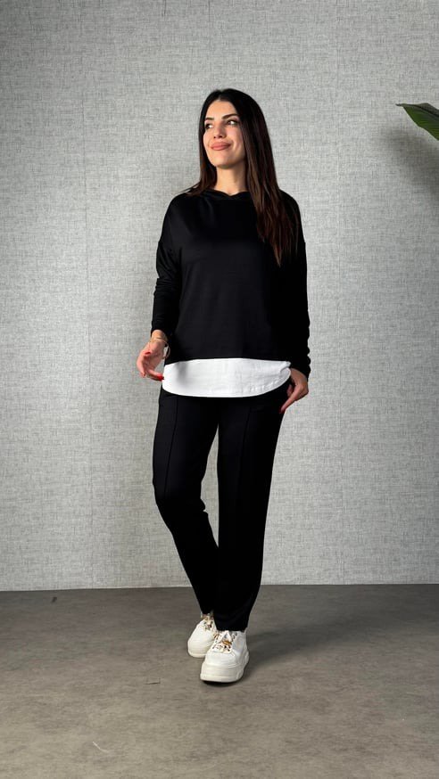 Kadın Uzun Kollu Kapşonlu Bağcıklı Viskon Iki Iplik Bluz Ve Pantolon Ikili Takım - Görsel 5