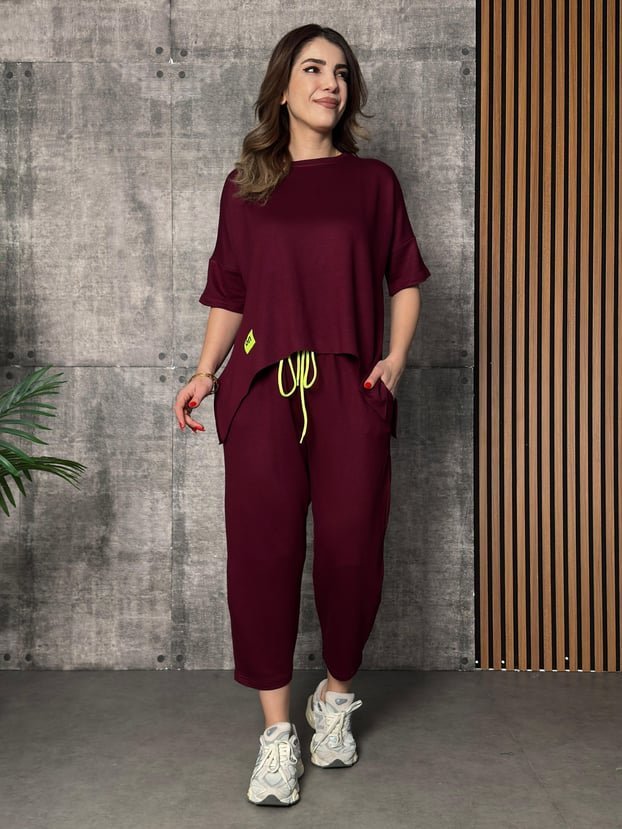 Kadın Kısa Kollu Bisiklet Yaka Viskon Iki Iplik Bluz Ve Pantolon Ikili Takım - Görsel 5