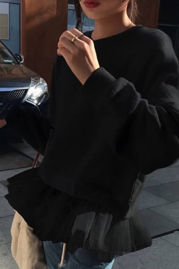 Kadın Uzun Kollu Bisiklet Yaka Tül Volan Detay üç Iplik Sweat