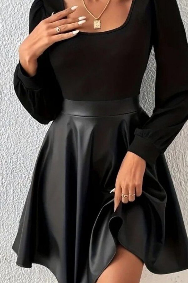 Kadın Uzun Kollu Kare Yaka üst Viskon Alt Deri Mini Elbise
