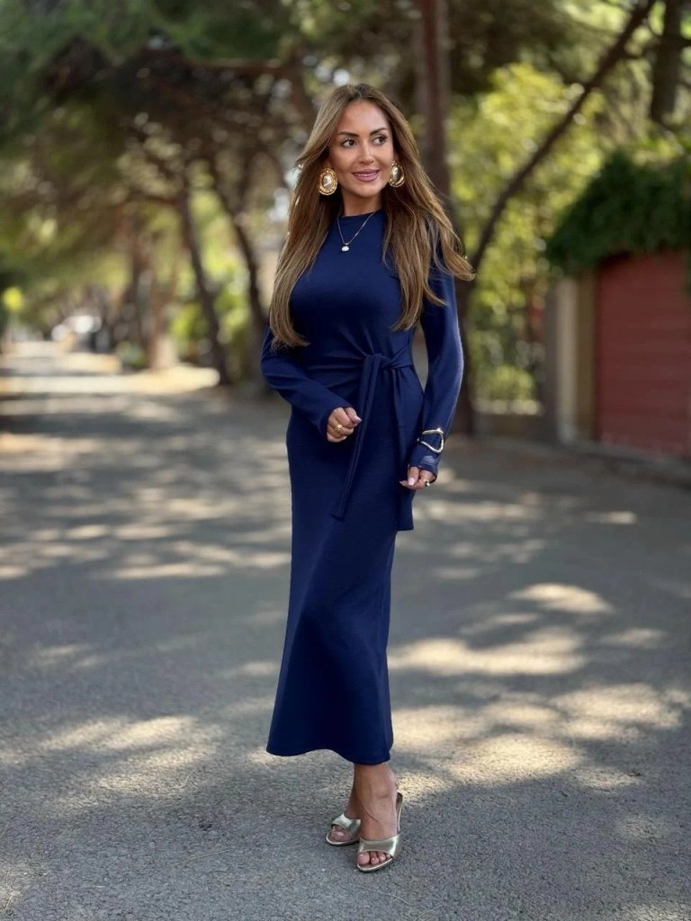 Kadın Uzun Kollu Bisiklet Yaka Yandan Bağlamalı Uzun Modal Elbise - Görsel 5