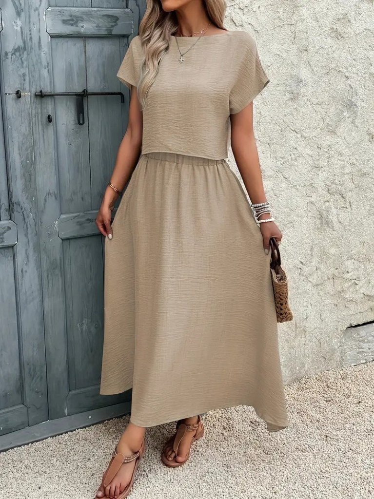 Kadın Kısa Kollu Bisiklet Yaka Bluz Etekli Ithal Keten Ikili Takım - Görsel 11