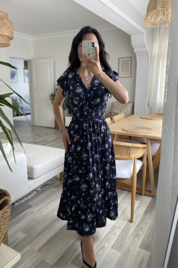 Kadın Kısa Kollu Kruvaze Yakalı Beli Lastikli çiçek Desenli Elbise