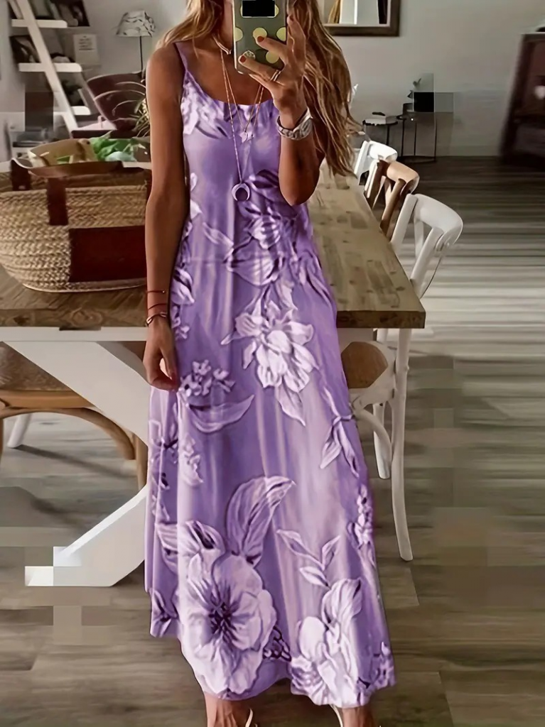 Kadın Askılı Yuvarlak Yaka Etek Geniş Kesim Desenli Süprem Elbise - Görsel 11